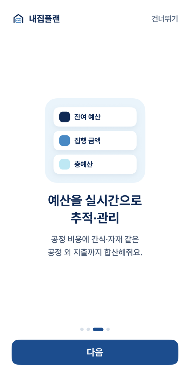 내집플랜 온보딩 화면 — 예산을 실시간으로 추적·관리